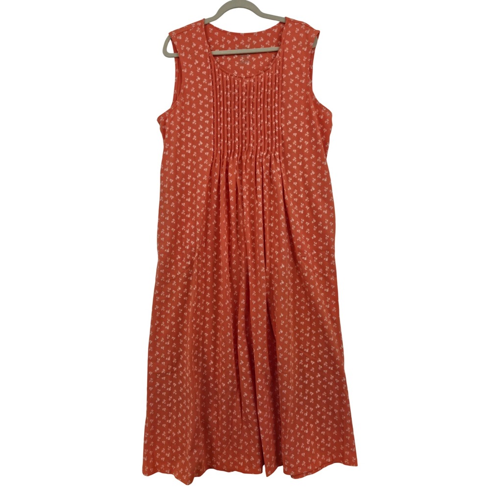 Vermont Country Store Orange Floral Cotton Pintuck Maxi Dress Sleeveless Large
